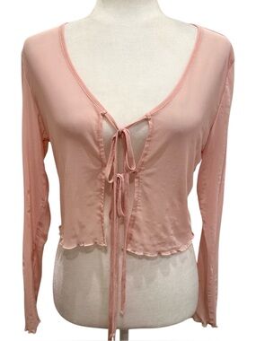 Pink Sheer Mesh Tie Front Blouse Cover Up